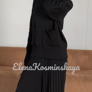 Black Merino Wool Knit Suit: Turtleneck Pullover & Pleated Culottes