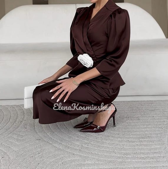satin suit dress Evening Dress A-Line One-Shoulder Satin Fabric Floor-Length Pleated Formal Dinner Dresses