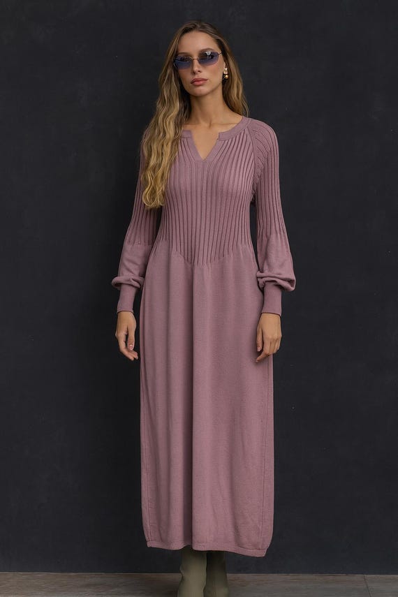 Dusty Pink Merino Wool Knitted Midi Dress: Long Sleeve Sweaterdress - Etsy Dusty Pink Merino Wool Knitted Midi Dress: Long Sleeve Sweaterdress - Etsy