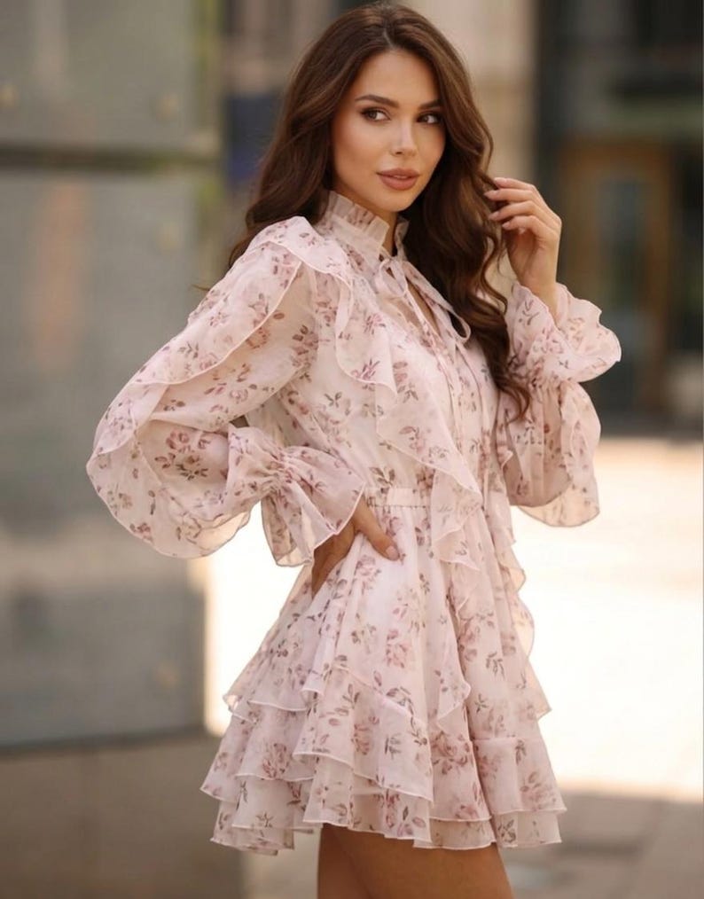 Floral Tencel Mini Dress French Lace Ruffled Cottagecore Romantic Pink Long Sleeve Dress Flounce High Neck Dress Boho Summer Outfit image 3