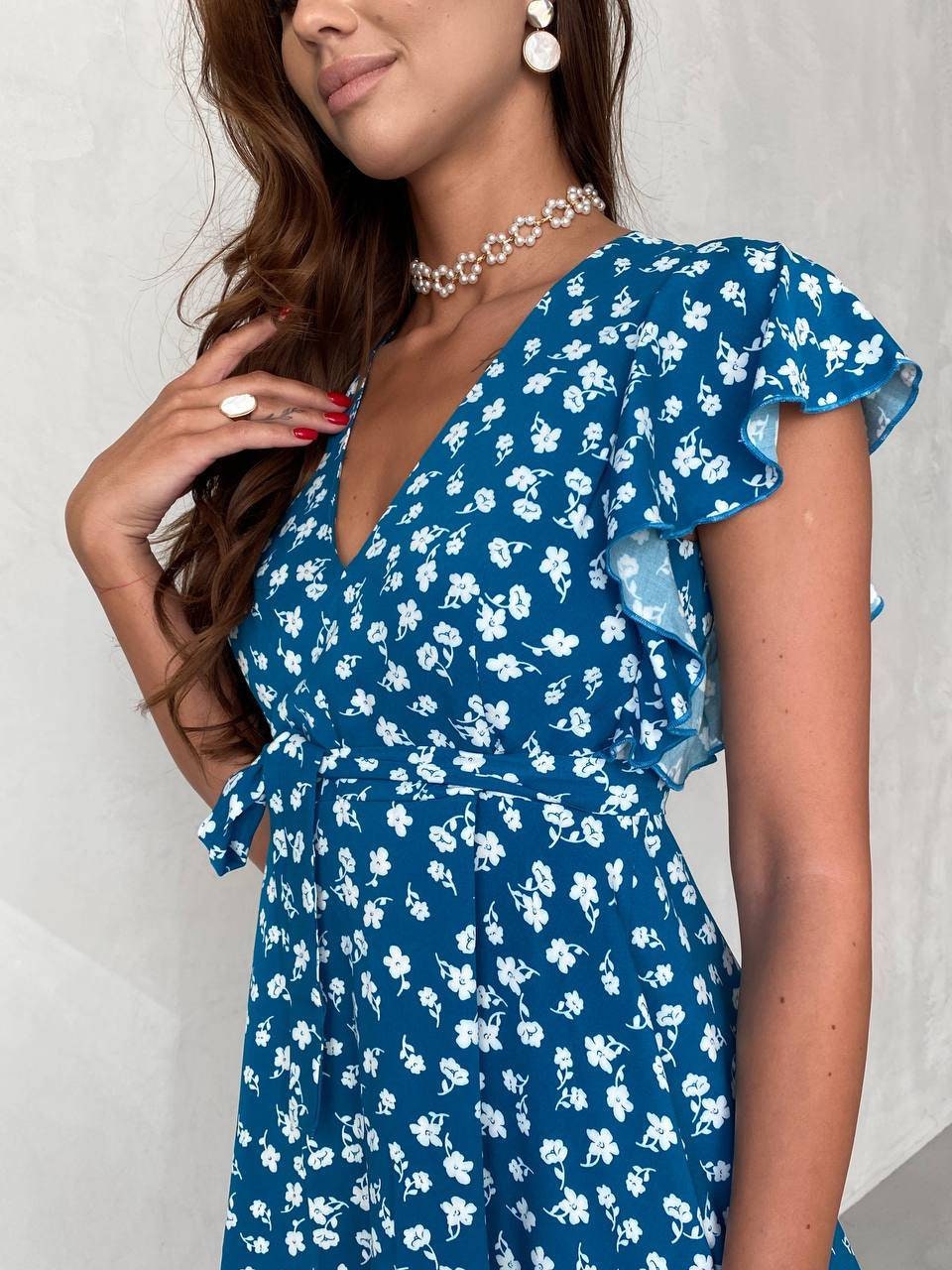 Blue Floral Dress for Women Summer Mini Ruffled Dress Deep V Etsy