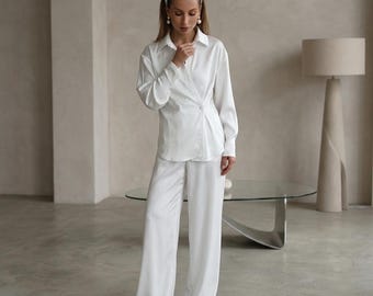 White Silk Satin Palazzo Pants and Drape Blouse Set, Bridal Getting Ready Outfit