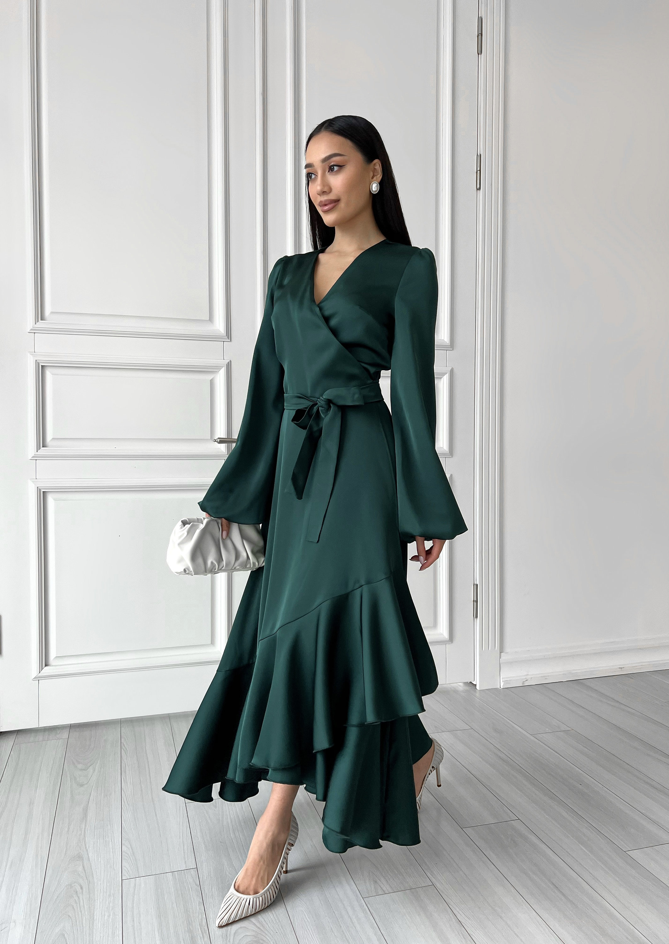 lauriell emerald green wrap front midi dress GLS Empire Waist Long Prom Dress - Red - XS
