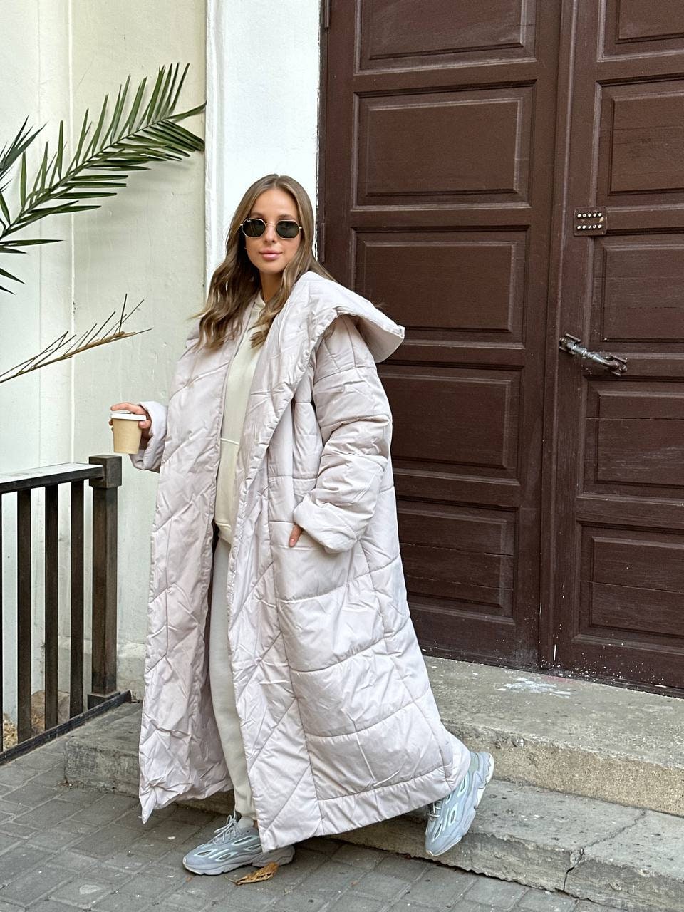 Beige Quilted Blanket Coat: Women's Long Wrap Puffer Coat With
