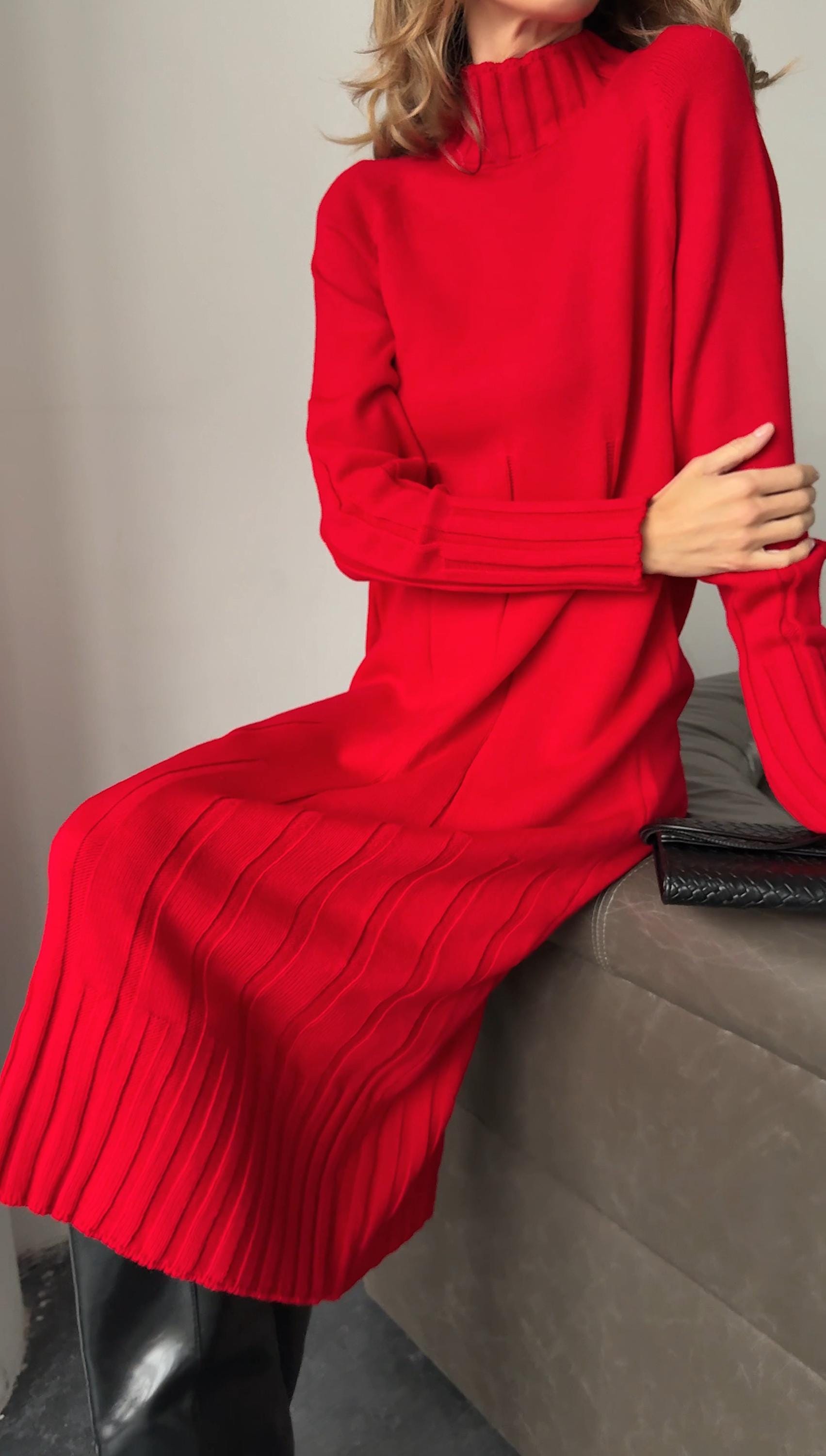 red midi sweater dress Red Ribbed Long Sleeve Midi Sweater Dress | Womens | Medium (Available in S, L, XL) | Polyester/Viscose