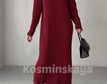 Burgundy Wool Blend Sweater Dress: Seamless Ribbed Knit Midi