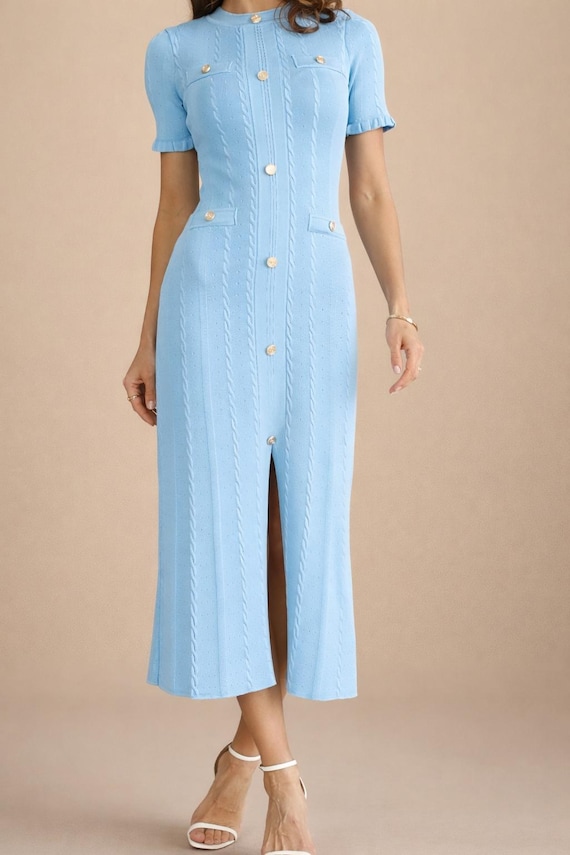 Light Blue Knit Midi Dress, Gold Button Front, Short Sleeve, Vintage  Inspired Summer Style - Etsy Denmark