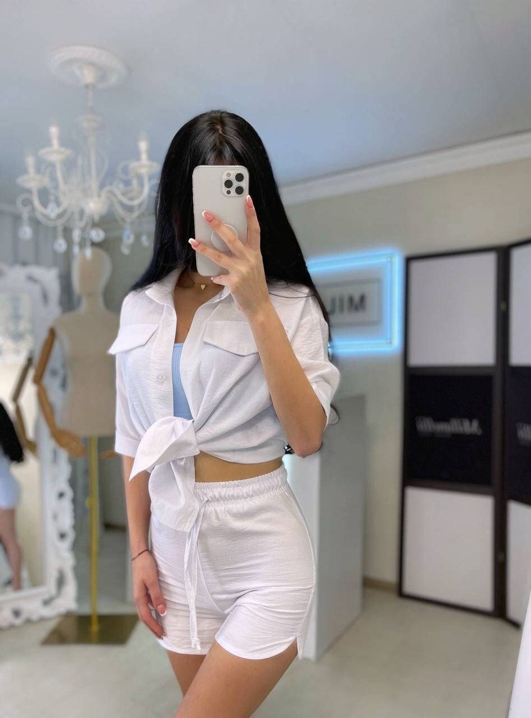 White Linen Suit for Women Two Piece Set Straight Collar Shirt Etsy