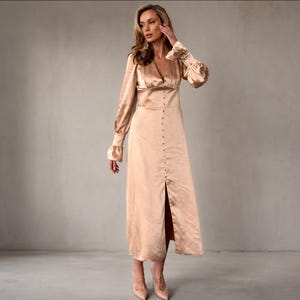 champagne color long sleeve dress Sleeves Round Neck Beaded Long Prom Dress, Long Sleeves  abcprom 100% Polyester Fitted Satin Long Sleeves Open