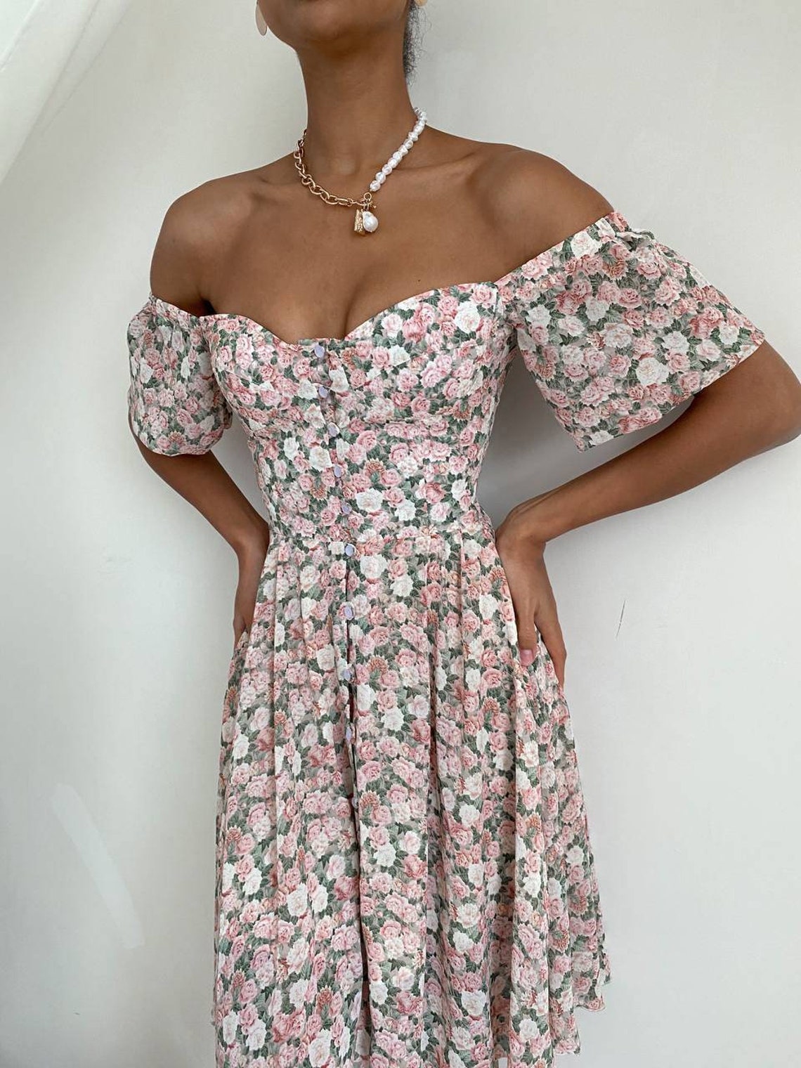 Pink Floral Shoulderless Dress for Women in Flowy Chiffon | Etsy