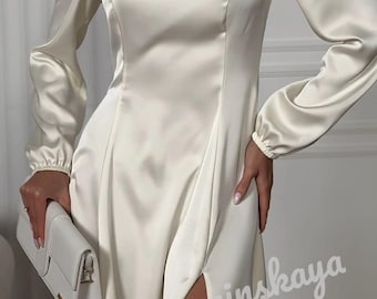 Ivory Silk Midi Dress: Long Sleeve Slit Gown