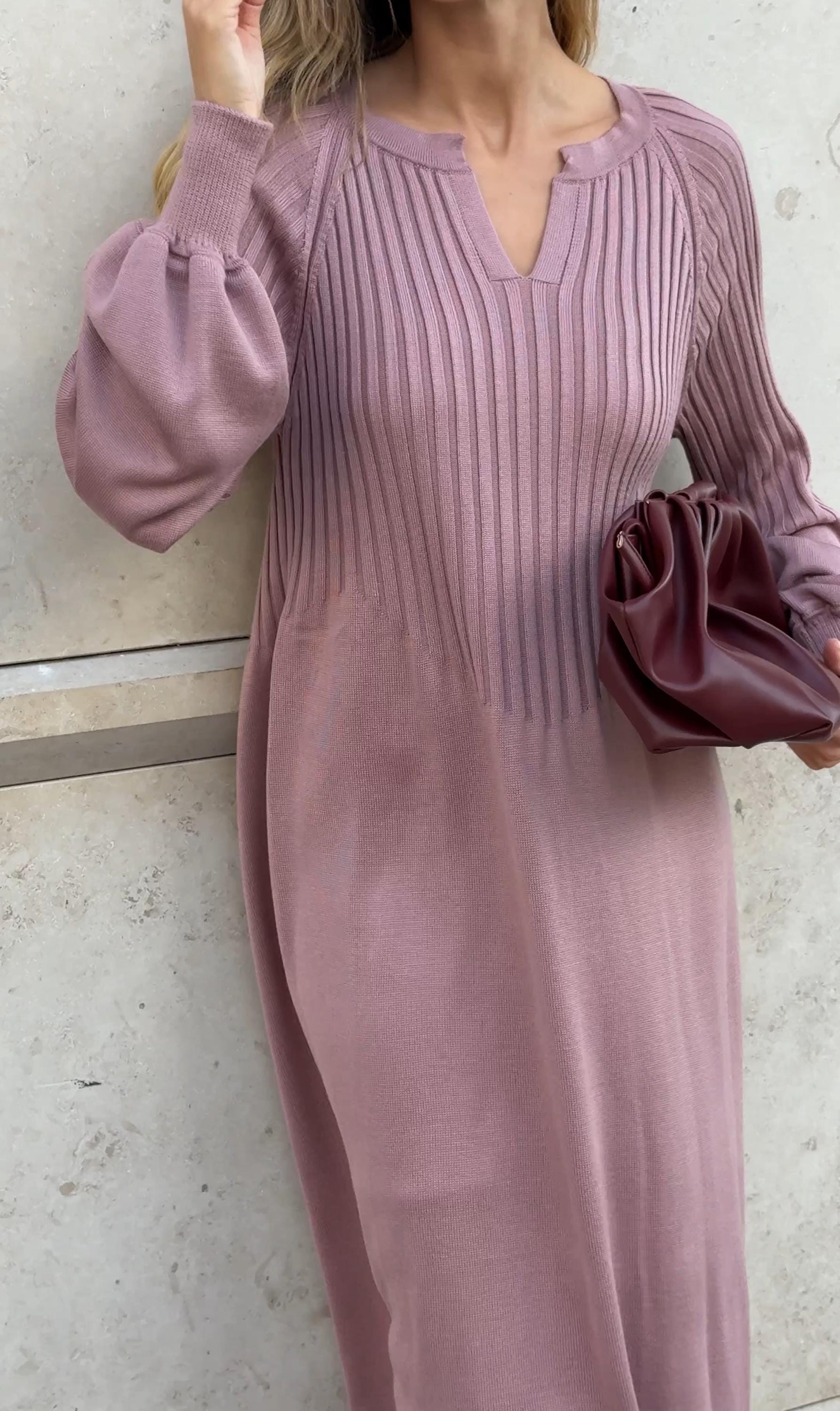 a pink wool knitted dress Dusty Merino Midi Dress: Long Sleeve Sweaterdress Ted hughes