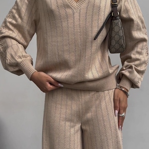 Beige Hollow Out Suit for Women 2 Piece Set V Neck Sweater Wide Leg Pants Loungewear Set Jumper Pants Set Knitwear Pants Set Cotton Suit Set