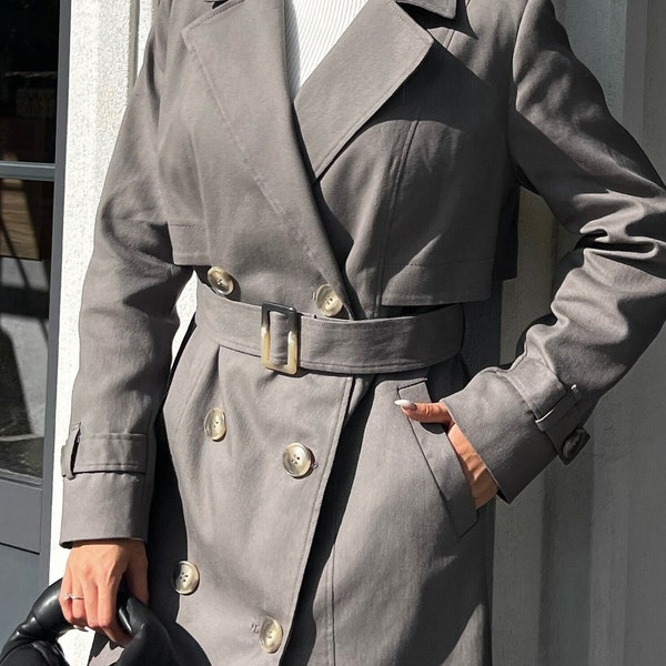 Trench-coat en coton gris fumé pour femme Manteau croisé sous la ceinture Imperméable long Veste élégante Manteau Printemps Manteau tendance