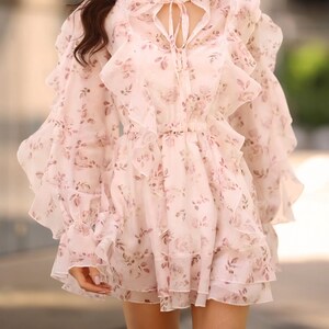 Floral Tencel Mini Dress French Lace Ruffled Cottagecore Romantic Pink Long Sleeve Dress Flounce High Neck Dress Boho Summer Outfit image 18