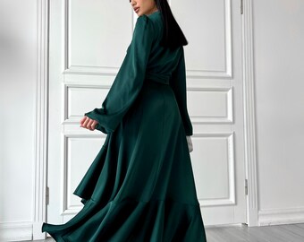 Emerald Green Satin Wrap Dress: Asymmetric Midi Gown