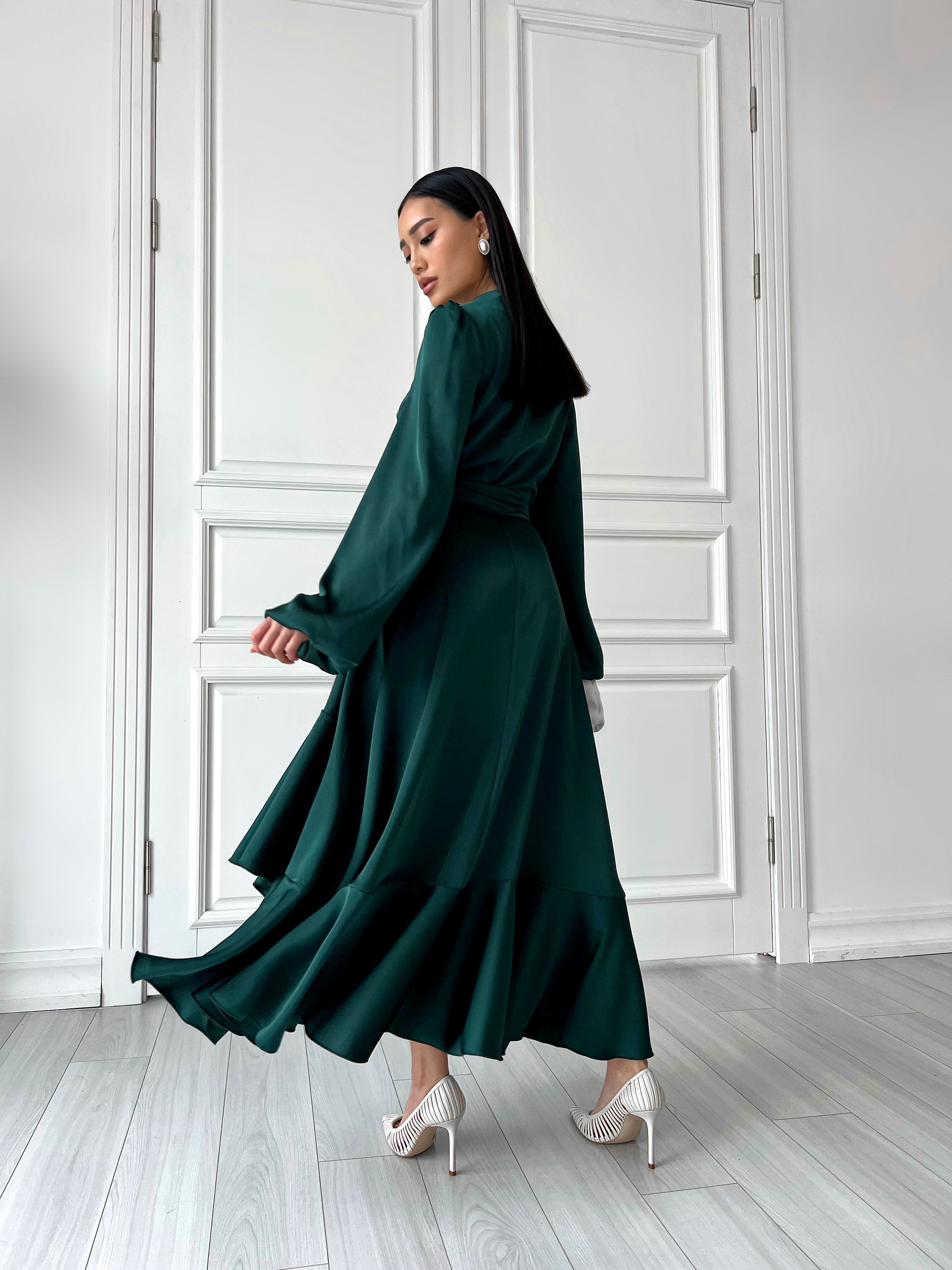 green emerald velvet dress Dark Green Wrap Satin Dress With Flutter Sleeves