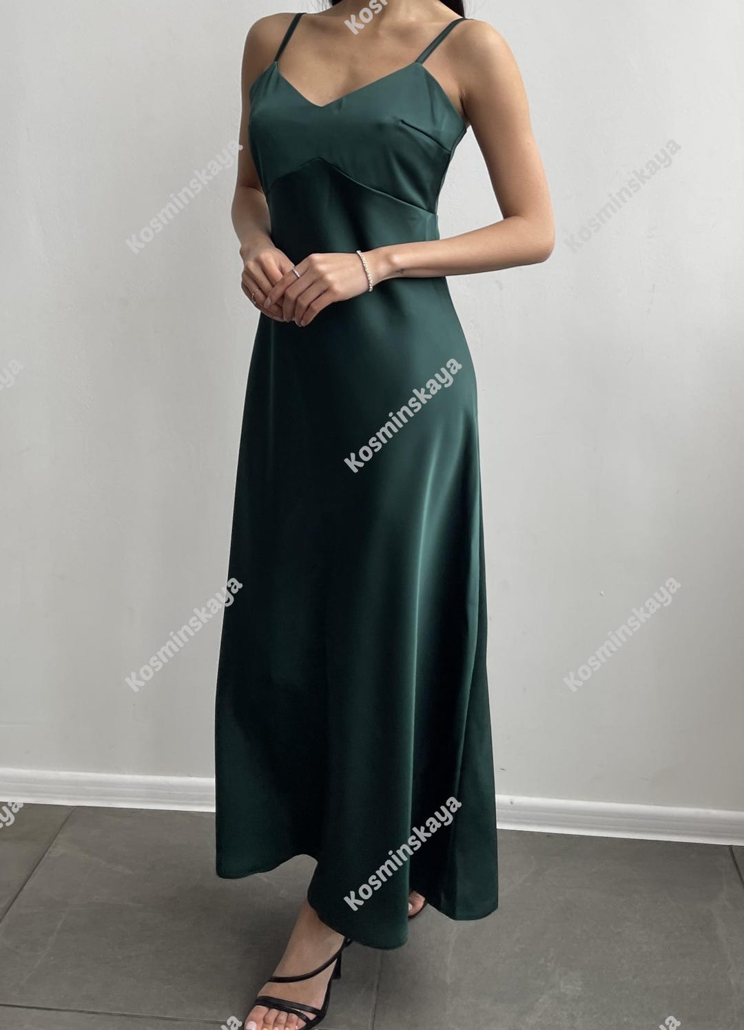Emerald Green Satin Ankle Dress: Deep V Neck Bustier - Etsy