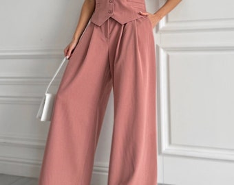 Dusty Pink Suit for Women Elegant Pantsuit 2 Piece Set Sleeveless Vest Palazzo Pants with Pockets Formal Event Suit Business Suit Prom Suit