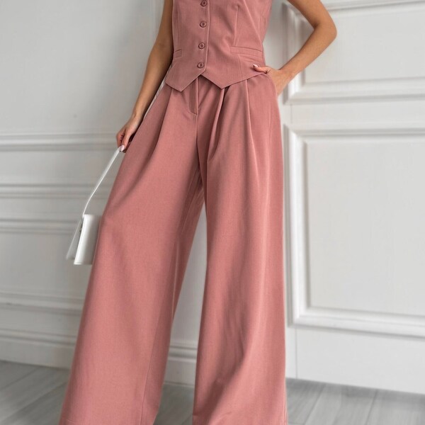 Costume rose poudré pour femme tailleur-pantalon élégant ensemble 2 pièces gilet sans manches pantalon palazzo avec poches costume pour événement formel costume d'affaires costume de bal