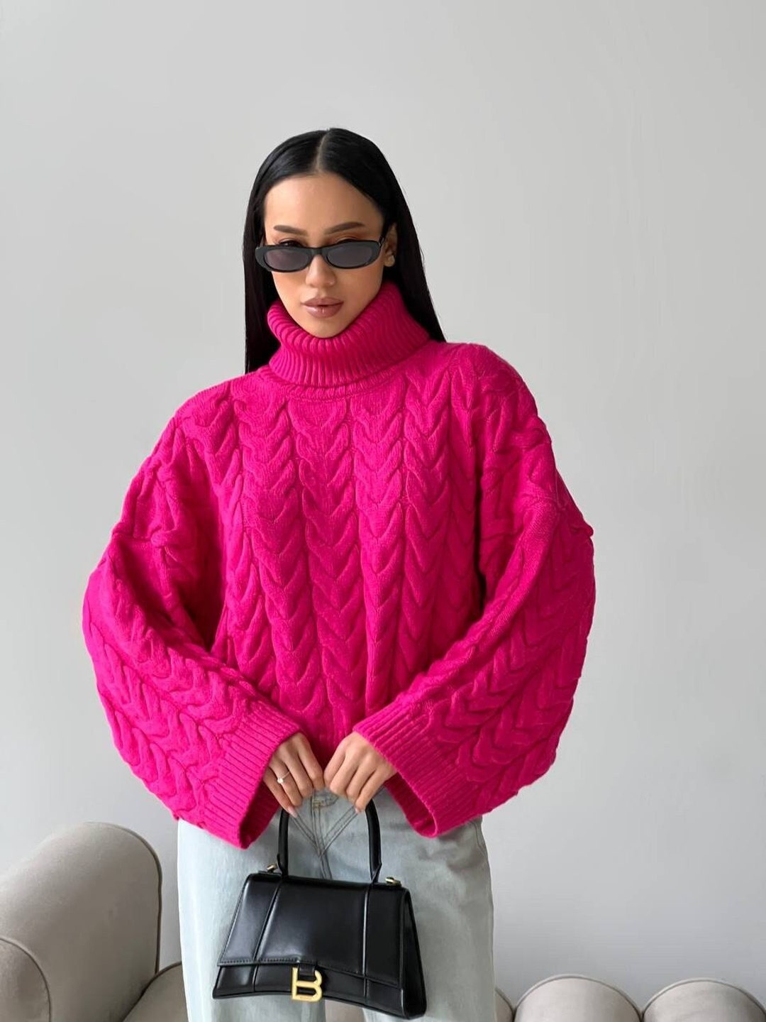  Elneeya Hot Pink Sweater for Women Turtleneck Cable Knit Loose  Fuzzy Knit Chunky Warm Pullover Sweater Top : Clothing, Shoes & Jewelry