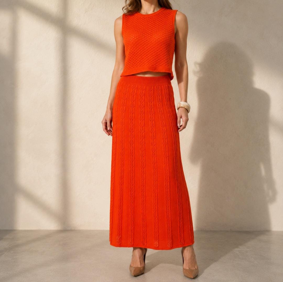 Orange Knit Skirt Set Cotton Two Piece Outfit Sleeveless Top Maxi Skirt Summer Matching Set Women
