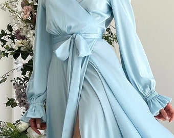 Light Blue Silk Maxi Gown for Women Open Shoulders Dress Elegant Floor Dress Wedding Guest Dress Evening Silk Gown Puff Long Sleeve Dress