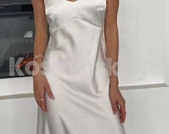 White Satin Slip Dress, Ankle Length Plunging Gown