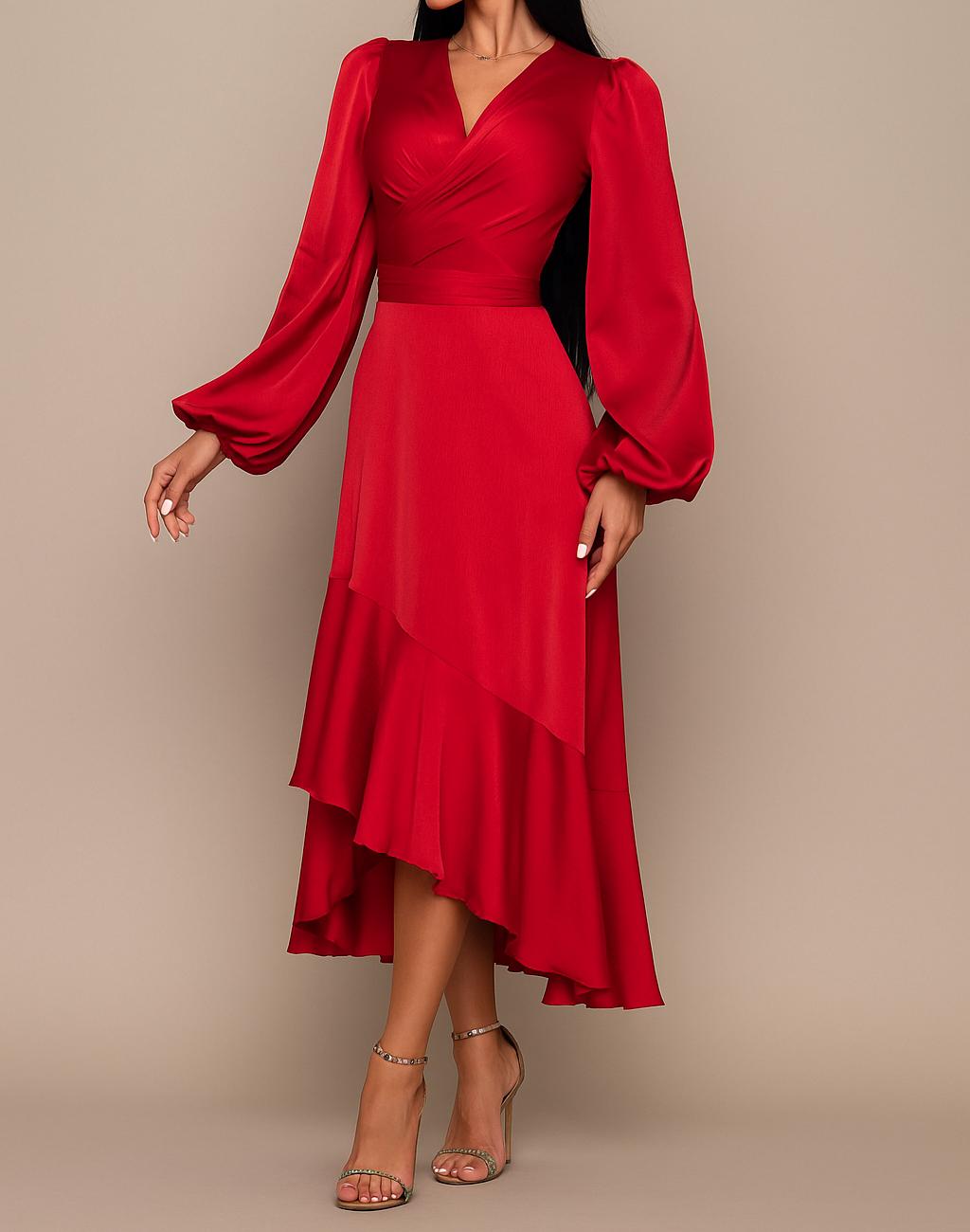 Red Silk Wrap Dress: Ruffle Hem Long Sleeve Midi Evening Gown - Etsy Israel Red Silk Wrap Dress: Ruffle Hem Long Sleeve Midi Evening Gown - Etsy Israel