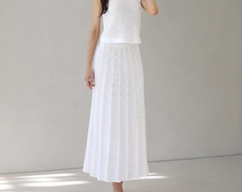 White Cotton Knit Skirt Set Hollow Out Two Piece Summer Outfit Sleeveless Top Maxi Skirt Matching Set Resort Wear Women