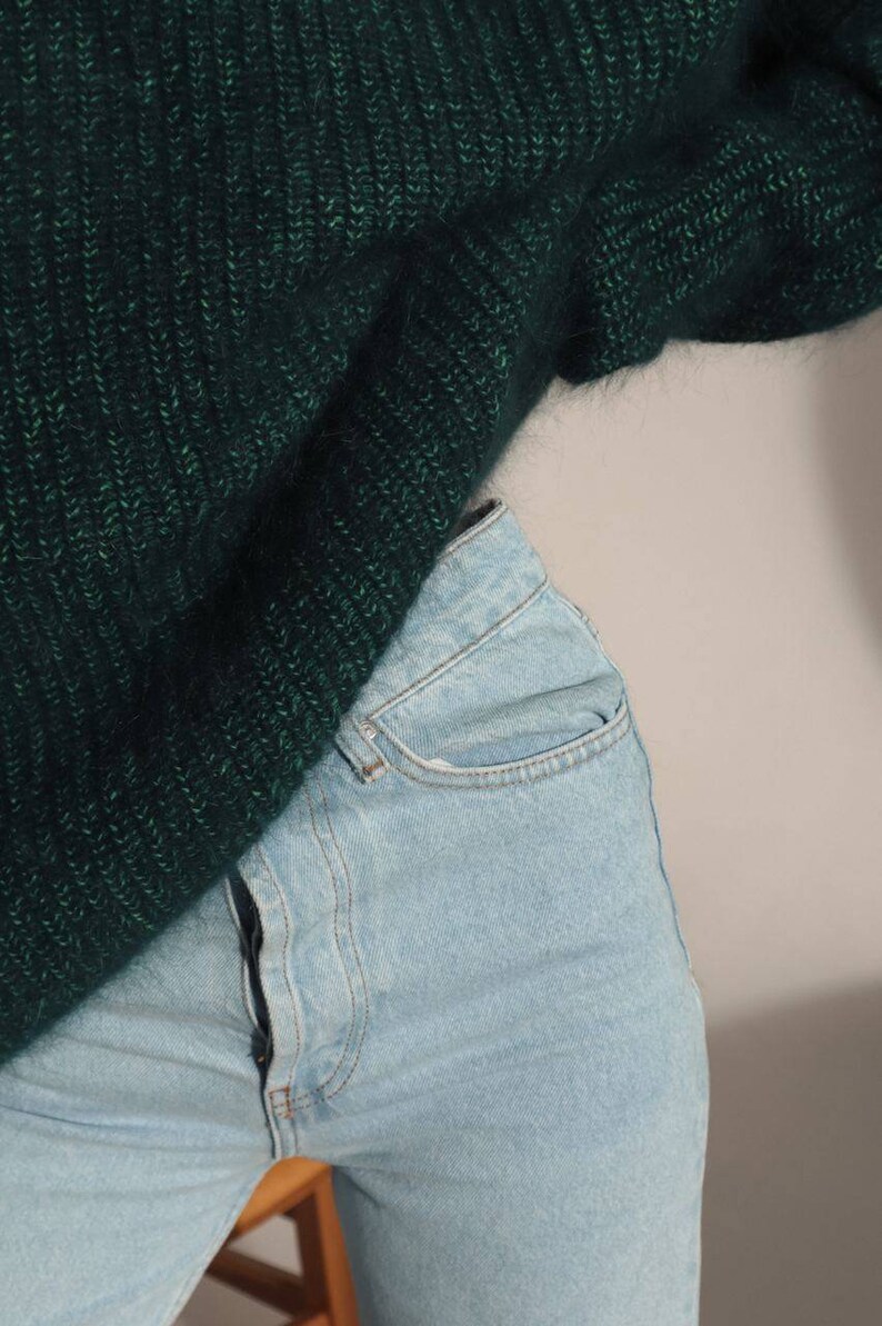 Emerald Knitted Angora Sweater for Women Oversized V neck Casual Green Loose Fit Pullover for Everyday and Special Occasions Winter Jumper