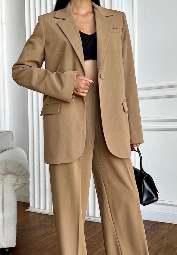 Sand Beige Pantsuit for Women Formal Event Suit 2 Piece Set Blazer