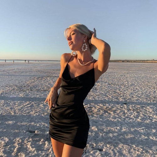 Black silk slip dress, short silk slip dress, special event dress, night out dress, sexy little mini dress, silk slip dress, lace up dress