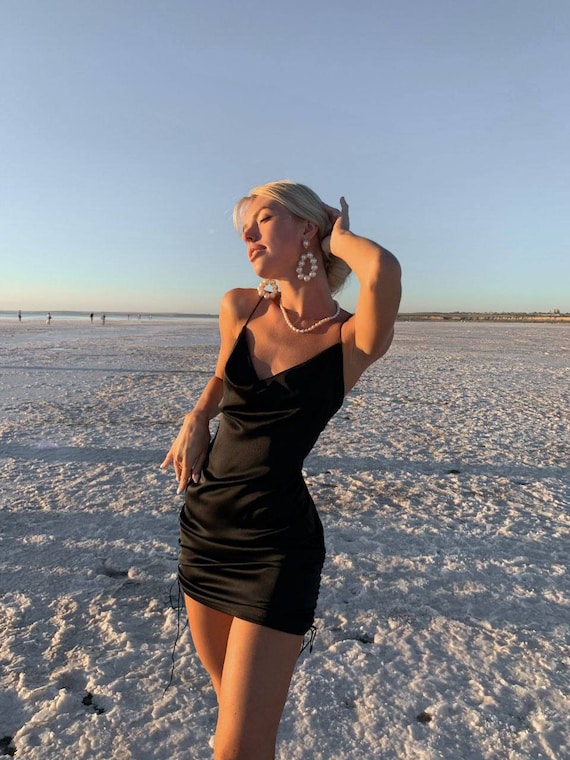 black silk slip dress short