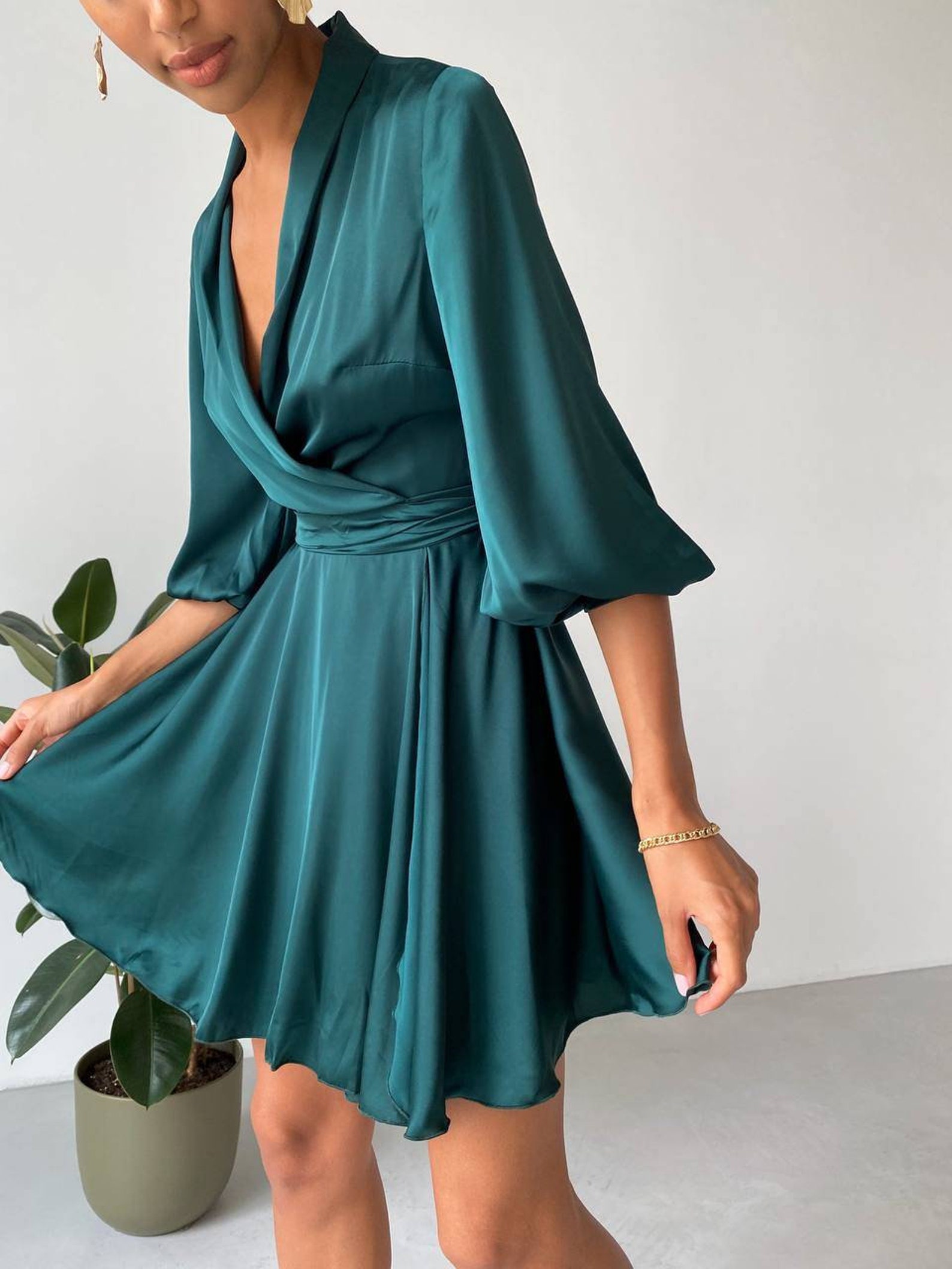 Green Emerald Silk Wrap Dress For Women Sexy Flowy Deep V Neck Etsy 