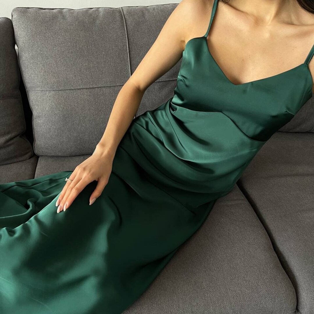 Emerald Green Slip Satin Dress for Women Deep V Neck Dress Sleeveless