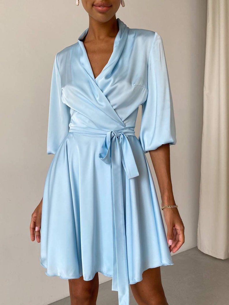 Light Blue Silk Wrap Dress for Women Sexy Flowy Mini Dress | Etsy