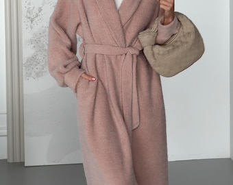 Dusty Pink Oversized Wrap Coat under The Belt Spring Outerwear Long Knitted Coat
