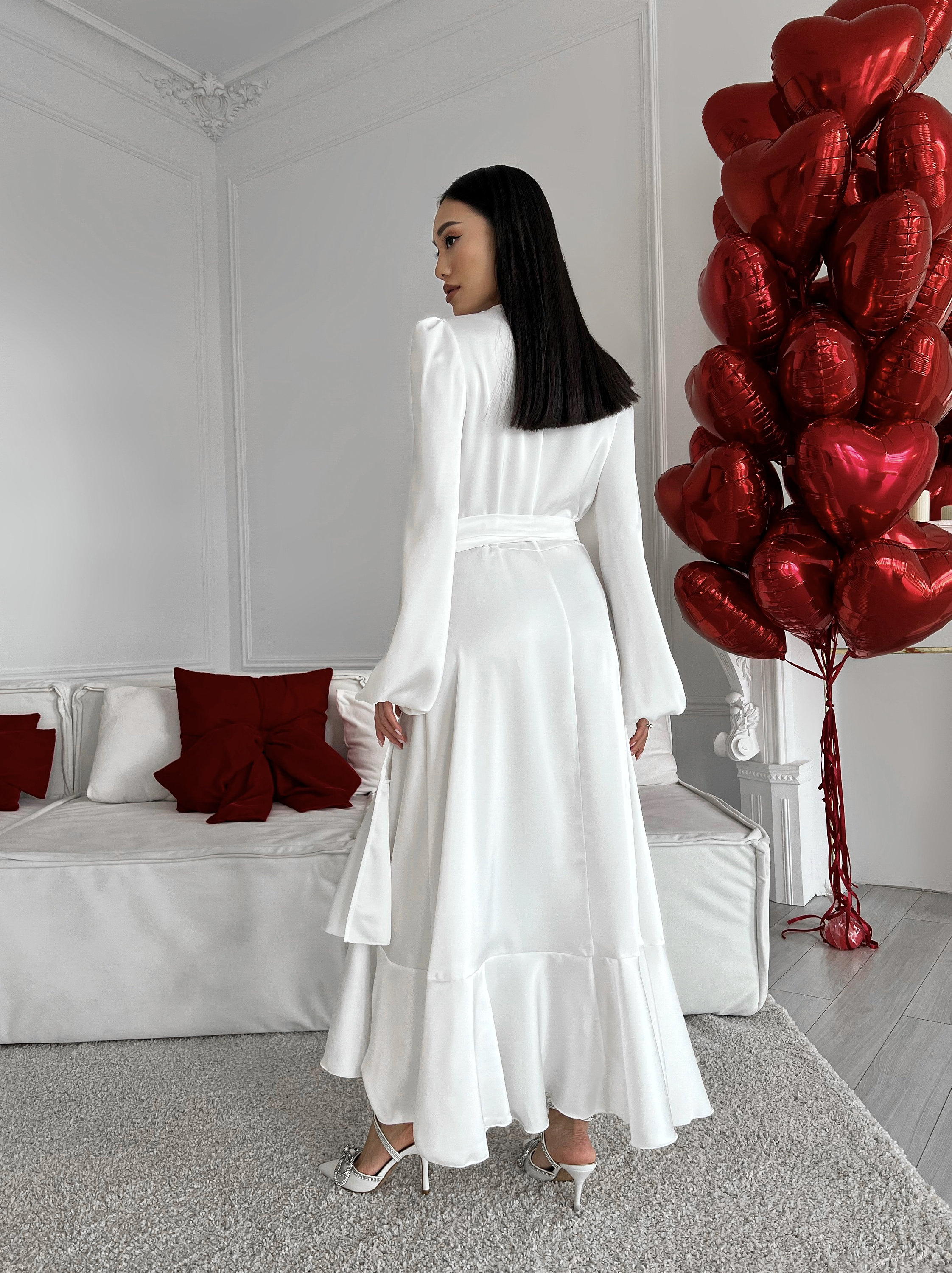 white asymmetrical wrap dress Ivory Short Sleeve Asymmetric Satin Dress – shopaleena main image 1