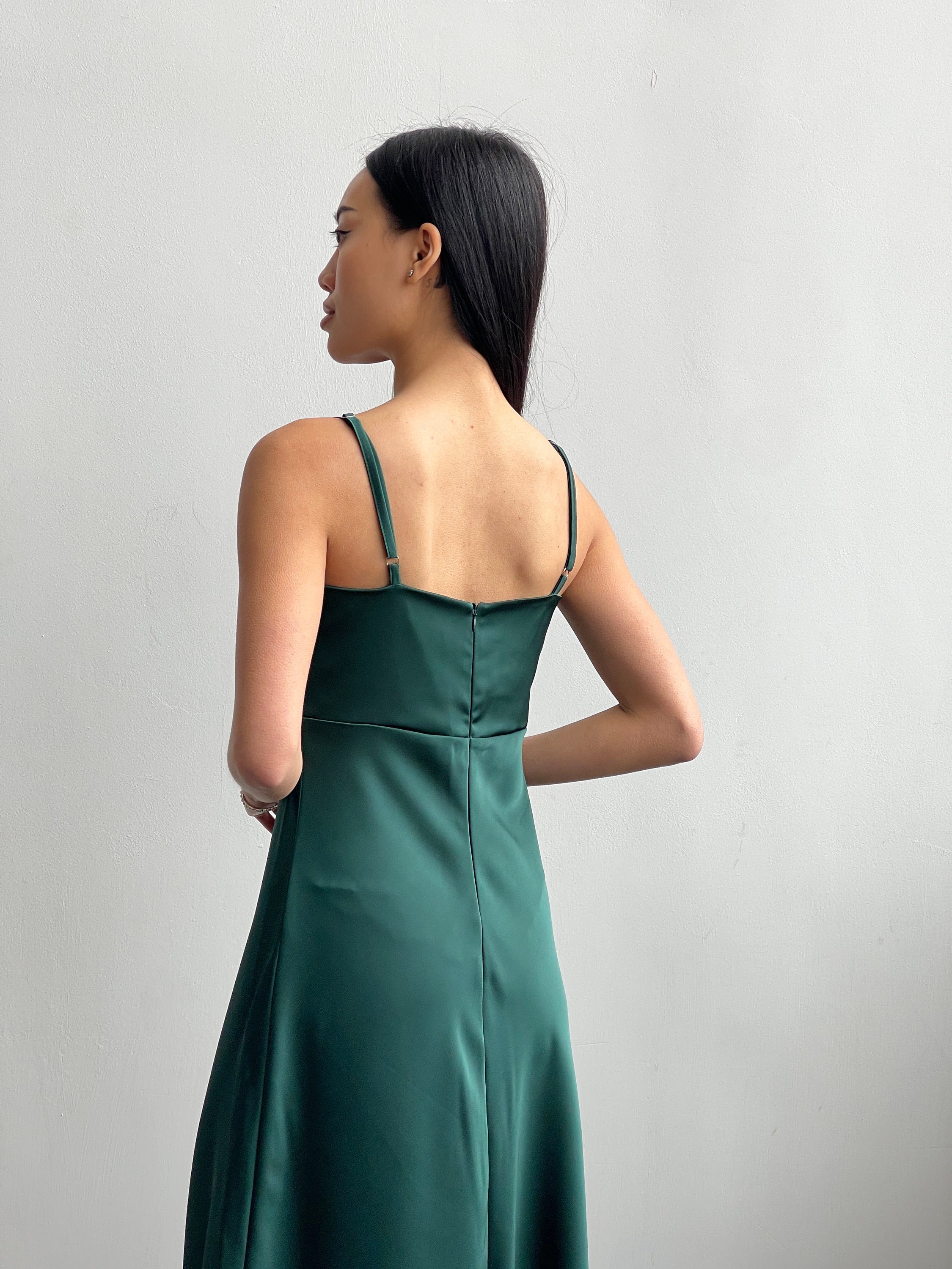emerald green long slip dress Emerald green silk satin slip midi dress open back lace-up