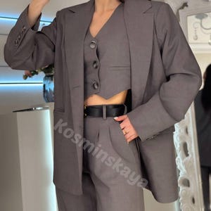 Formal Event Suit for Women 3 Piece Set Blazer Buttoned Vest Palazzo Trousers Office Suit Casual Suit for Everyday Business Suit Elegant Set