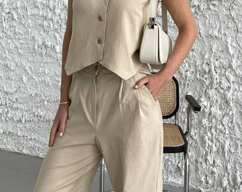 Beige Leinen Hosenanzug Set für Frauen Formelle Anzug Zwei Stück Set V-Ausschnitt geknöpfte Weste & Hose mit weitem Bein mit Taschen Elegant Sommer Casual Anzug