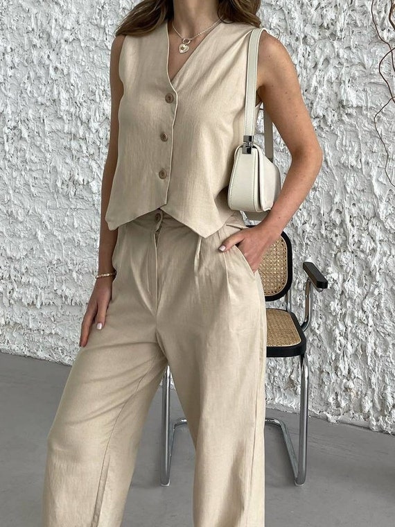 Beige Linen Pants Suit Set for Women Formal Suit Two Piece Set V