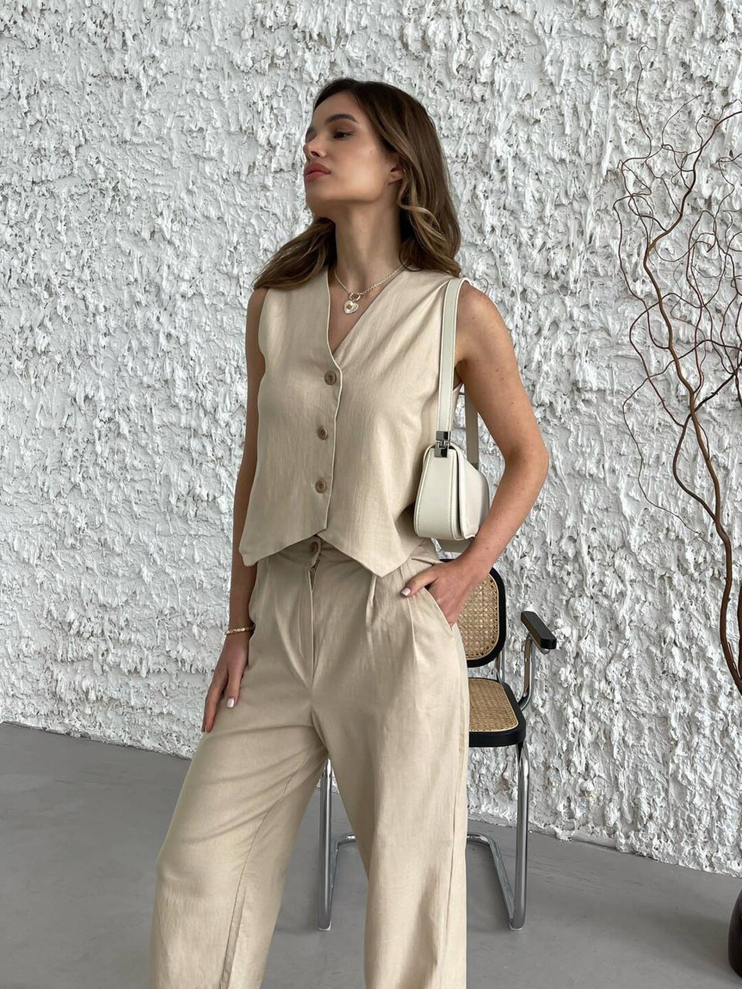 Beige Linen Pants Suit Set for Women Formal Suit Two Piece Set V Neck