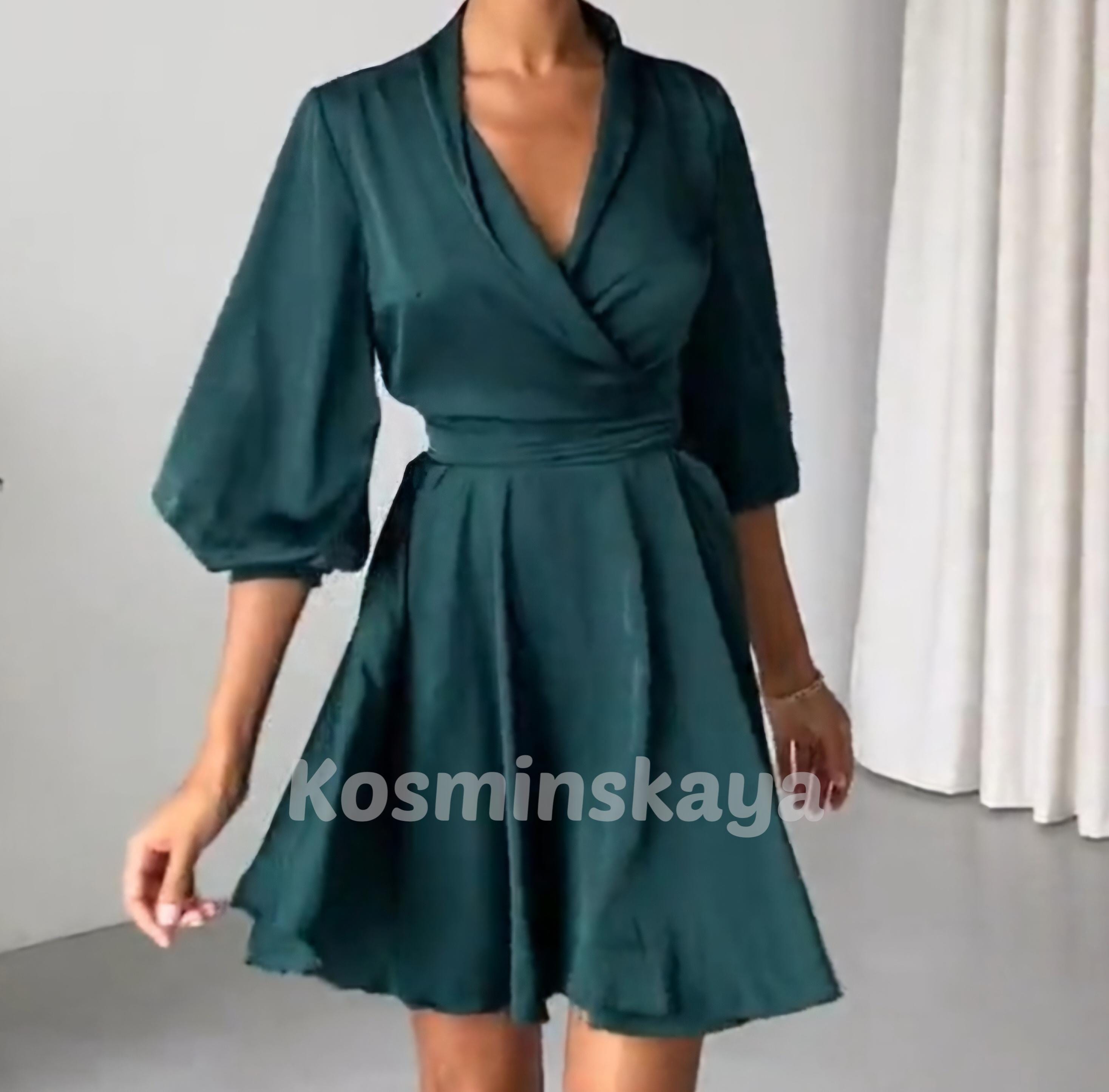Emerald Green Silk Wrap Dress: Deep V Neck Flared Mini Skirt