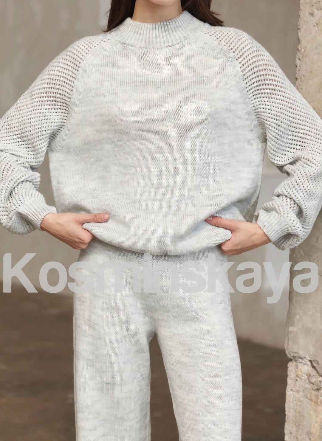 Medium Grey Contrast Trim Half Sleeve Top Drawstring Pants Loose 2pcs Sweater Suit main image 0