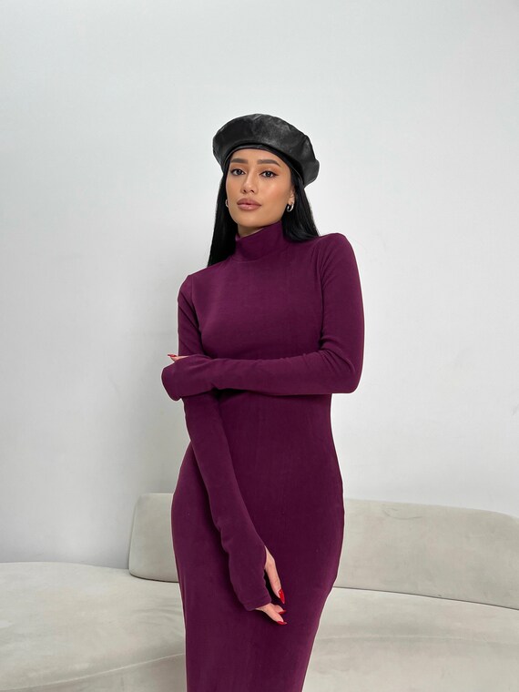 Robe en tricot prune pour femme Robe longue moulante Robe a col roule Robe a manches longues Robe en tricot chaud Robe pull confortable Robe d hiver elegante Etsy France