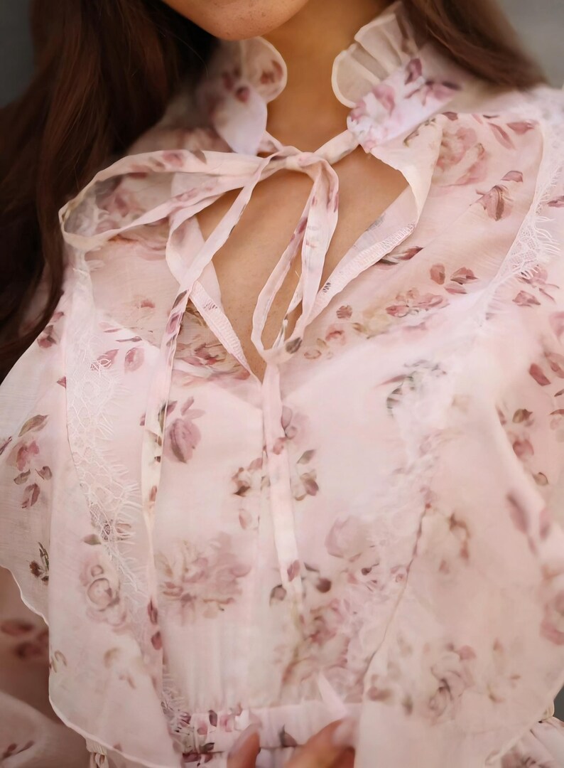 Floral Tencel Mini Dress French Lace Ruffled Cottagecore Romantic Pink Long Sleeve Dress Flounce High Neck Dress Boho Summer Outfit image 19