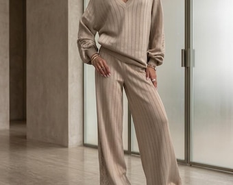 Knit Lounge Set Women Beige Hollow Out Sweater Set Cotton Matching Set Wide Leg Pants Cozy Two Piece Outfit Soft Knitwear