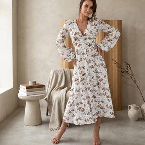 romantic cotton dresses Pink Floral Lace-Up Cotton Dress  Countryside Fairytale Romance Ivory / XS